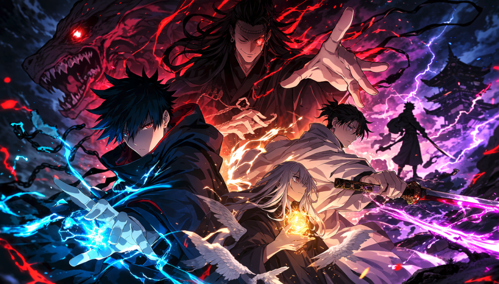 Anime-inspired sorcerers preparing for a final battle representing the Jujutsu Kaisen Season 3 finale predictions.