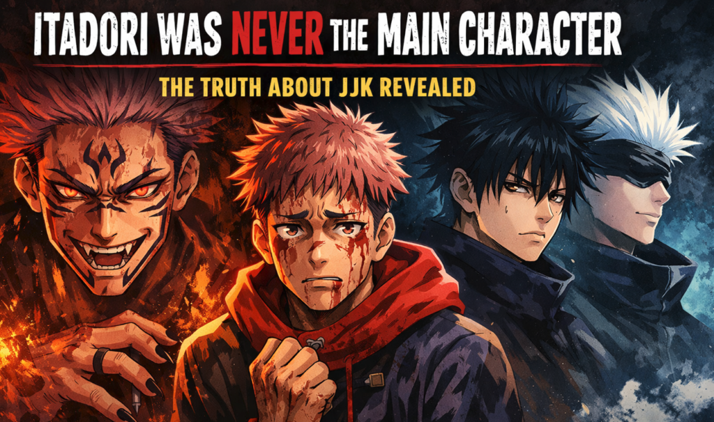 Anime-style banner showing a conflicted young fighter in the center, a sinister shadow figure on one side, and two calm but powerful figures on the other, representing themes of control, identity, and shifting protagonists.