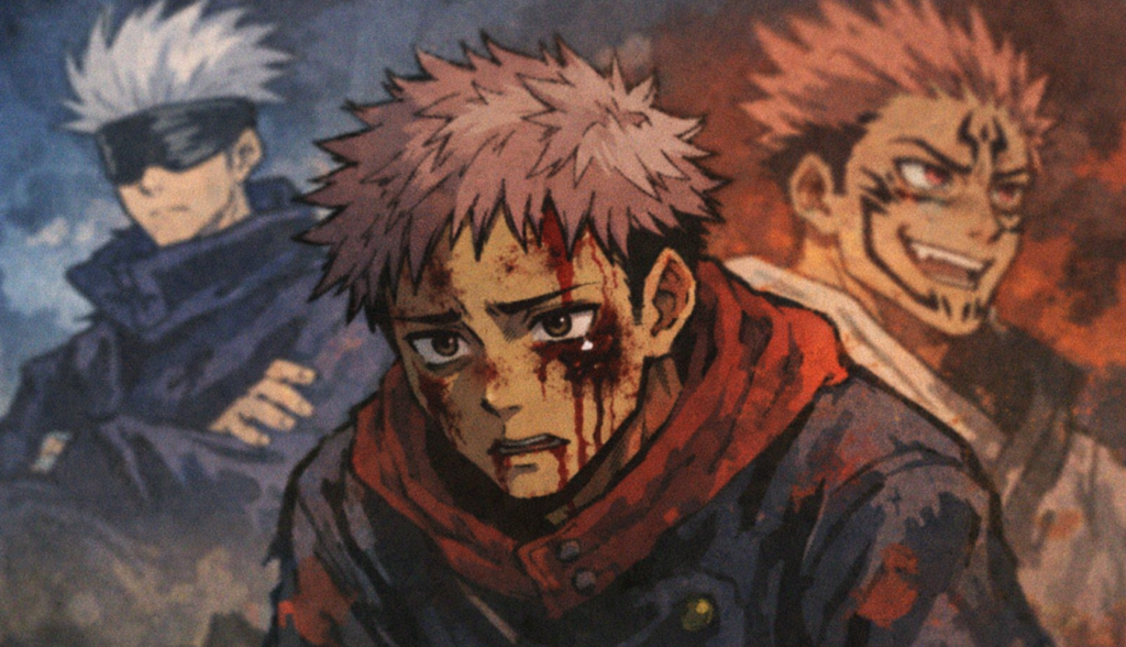 Injured anime boy with blood on his face looking shocked and exhausted, with two powerful figures standing behind him in contrasting blue and red backgrounds