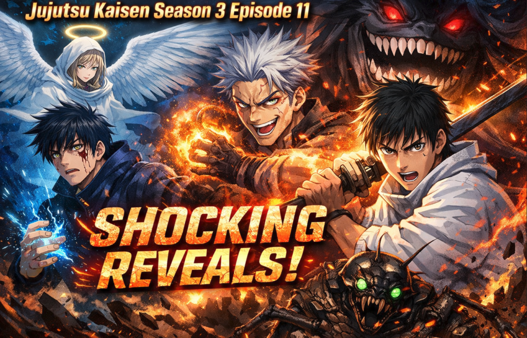 Anime-style banner showing intense battle energy with multiple sorcerers, glowing powers, and a dark curse creature representing a high-stakes showdown in a supernatural arena