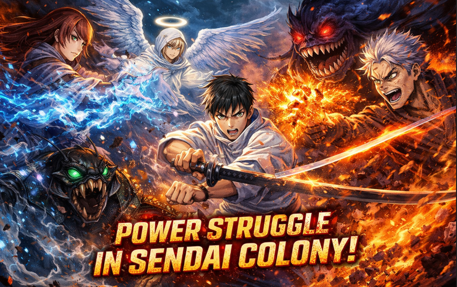 Anime-style battle scene with a central swordsman surrounded by multiple powerful fighters and a monstrous curse, representing a chaotic supernatural power clash