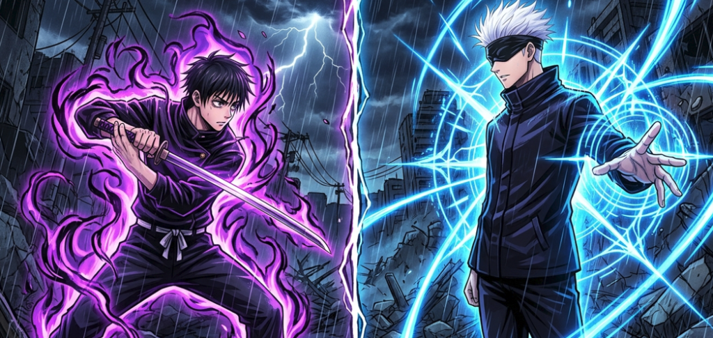Cinematic anime-style split-screen illustration featuring Yuta Okkotsu on the left with purple cursed energy and Satoru Gojo on the right with blue infinity energy, standing in urban ruins under a stormy sky.