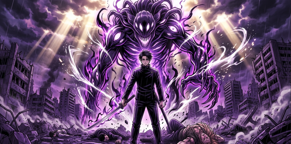 An anime-style digital illustration in widescreen format, showing a male sorcerer in a black uniform with two swords standing in the center of a post-apocalyptic, ruined city. Towering behind him is a massive, monstrous curse with glowing purple eyes and aura. The ground is covered in rubble and defeated opponents. Dramatic lighting breaks through dark, stormy clouds above.