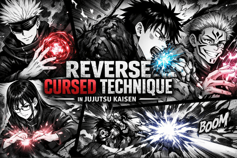 Manga-style illustration of sorcerers using reverse cursed energy for healing and combat in a dark fantasy setting