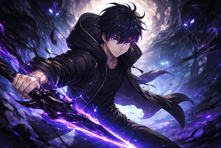 Shadow-powered anime hunter wielding a glowing purple blade surrounded by dark aura and spectral figures