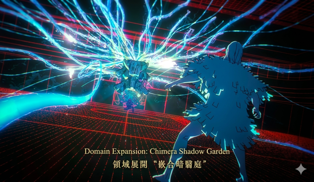 A high-definition, professional digital still from Jujutsu Kaisen, accurately rendering the intricate Domain Expansion scene. It features complex, segmented blue characters (such as one with geometric armor facing the background, and another holding a weapon at the center) caught within a network of glowing red geometric grids. A central, intense blast of cyan energy fibers radiates outward, and a mechanical creature is held at the center. The perspective is maintained, but with enhanced clarity, resolution, and clean digital rendering free from camera reflections..png