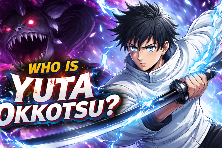 Anime-style illustration of a young sorcerer wielding a glowing katana with a powerful spirit entity emerging behind him in a high-energy battle scene