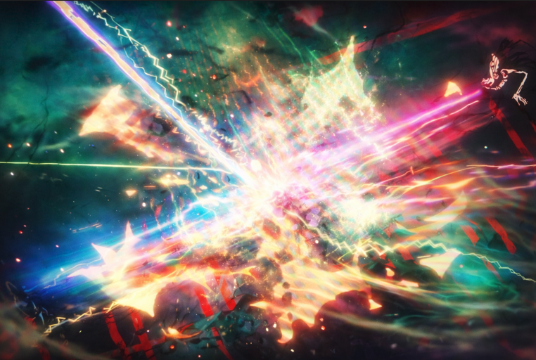 Anime battle scene with vibrant multicolored energy explosion and lightning effects