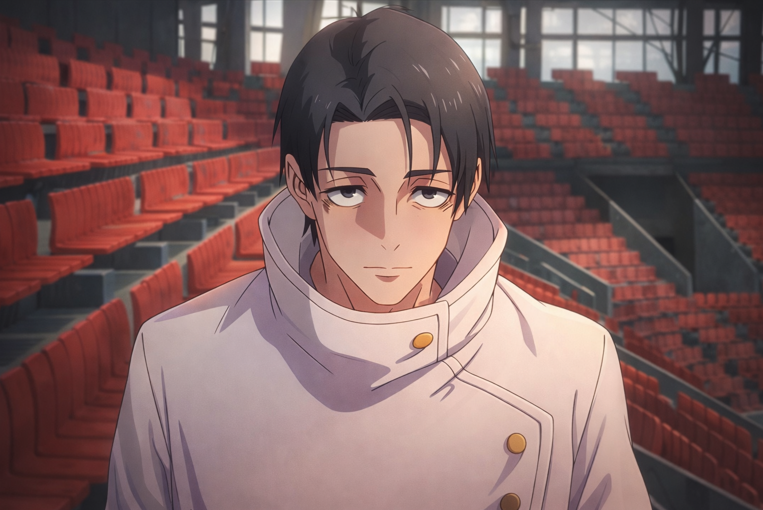 Anime character standing alone in an empty stadium with red seats and a calm expression