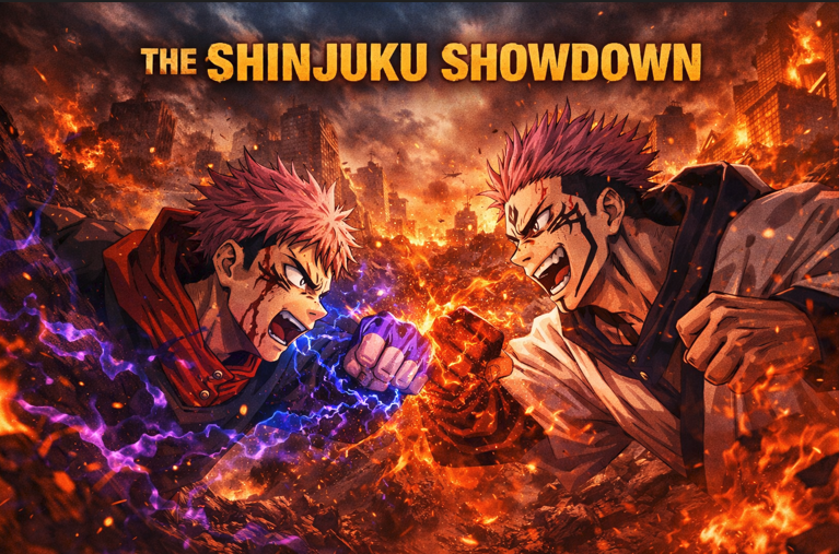 Anime-style battle scene showing two powerful fighters clashing with intense energy in a burning city, representing a high-stakes final showdown arc