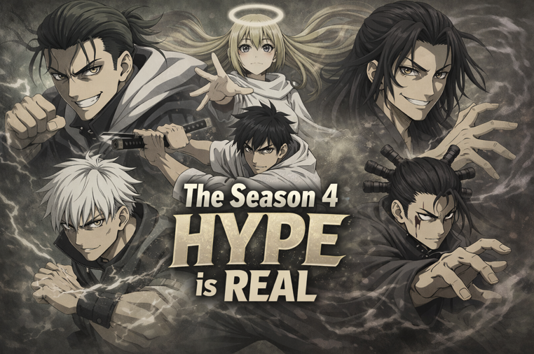 Anime-style battle poster featuring multiple sorcerers with glowing energy effects and bold central text reading “The Season 4 HYPE is REAL”