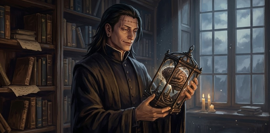 A dark illustration of an ancient sorcerer with forehead stitches and long dark hair, smiling and holding a magical artifact in a moody library setting