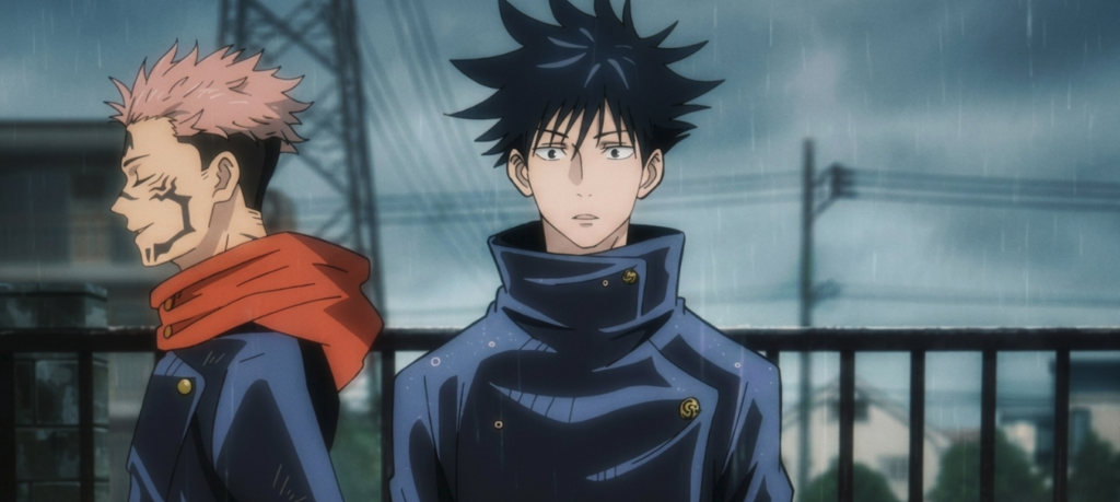 Sukuna and Fushiguro stand in a rainy street in a scene from Jujutsu Kaisen.