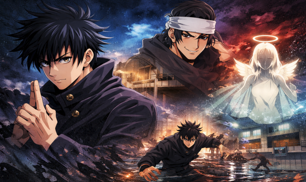 Dark fantasy anime-style battle scene showing a shadow sorcerer using a mysterious power in a flooded arena while a glowing celestial figure appears in the background.