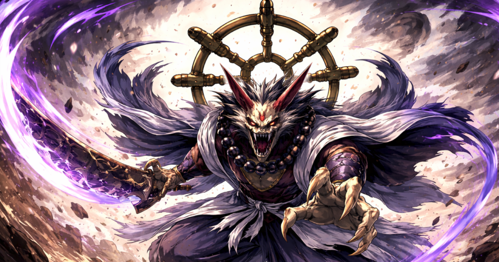 Dark fantasy divine general battle spirit with ritual wheel and glowing energy in an anime-style banner illustration.