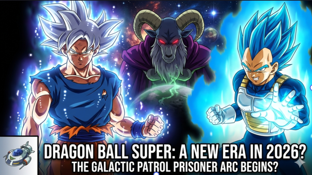 two powerful warriors with glowing auras facing a horned cosmic villain