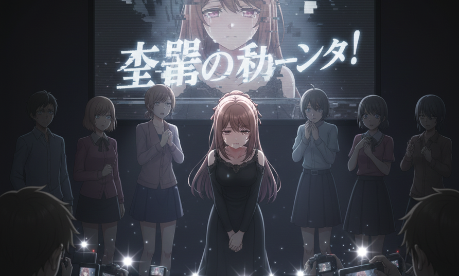 AI generated anime style illustration inspired by Oshi no Ko episode 8 showing an idol facing controversy during a reality show