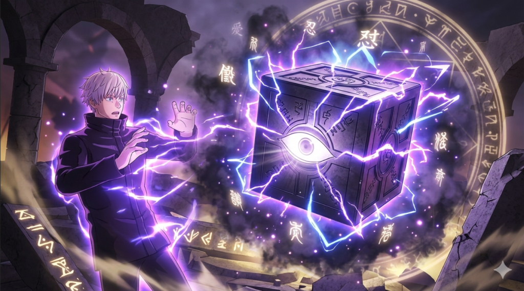 white haired sorcerer being sealed inside mystical prison cube