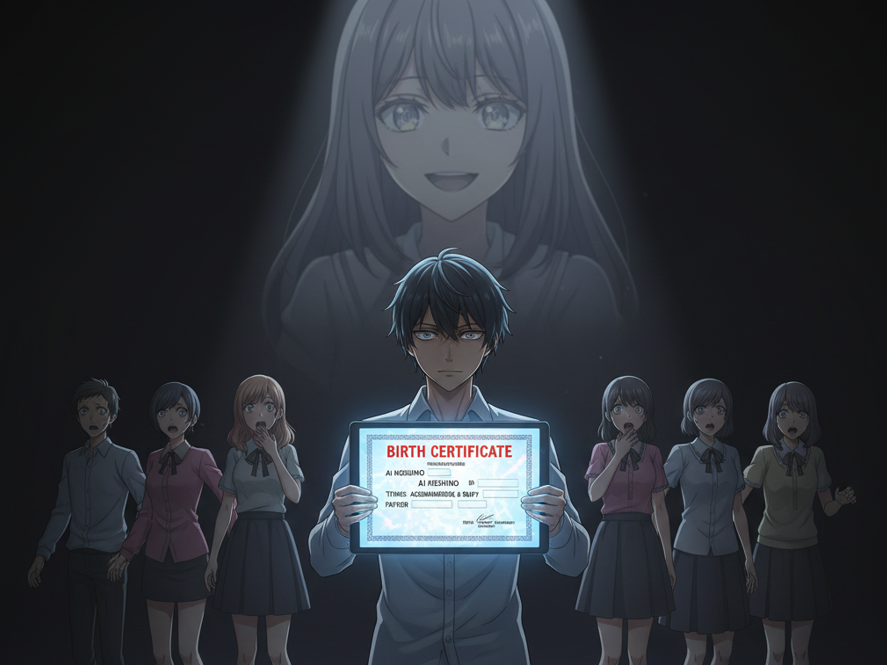 AI generated anime style illustration inspired by Oshi no Ko episode 8 showing a dramatic reveal involving a hidden truth