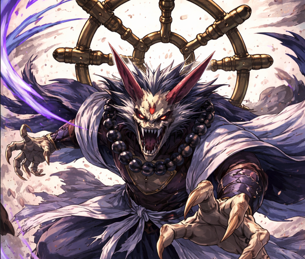 Mythical adaptive battle spirit with a ritual wheel and cursed energy aura in a dark fantasy anime-style illustration.