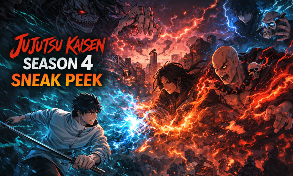 Anime-inspired illustration showing sorcerers clashing with cursed energy in a destroyed city representing a potential Jujutsu Kaisen Season 4 battle during the Culling Game arc.