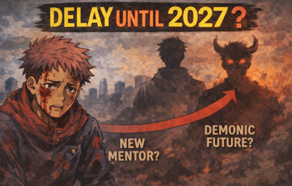 Injured anime-style fighter looking distressed in a ruined city, with shadowy mentor and demonic figure in the background representing uncertainty and conflict