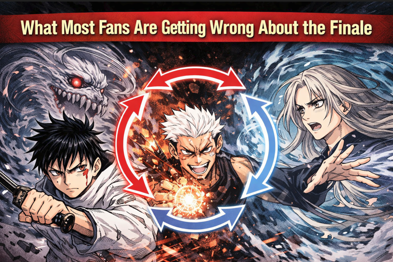 Anime-style illustration of three fighters locked in a strategic standoff with circular arrows representing tactical balance and shifting advantages.