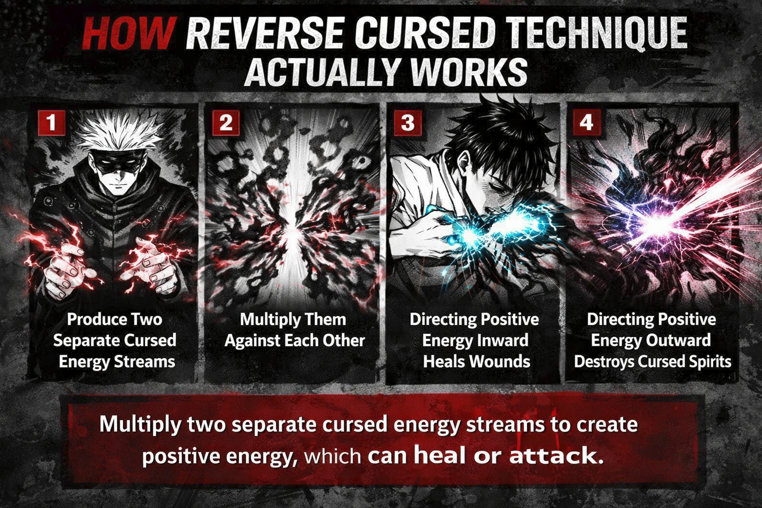 Step-by-step manga-style diagram showing how reverse cursed energy is created and used for healing and combat