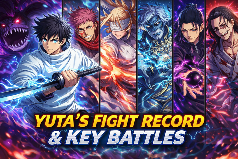 Anime-style battle banner showing a central swordsman surrounded by multiple powerful opponents in dynamic split panels with glowing energy effects