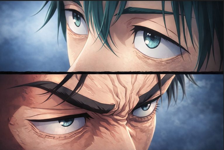 Split-frame anime close-up showing two characters with contrasting calm and intense expressions