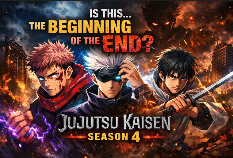 Jujutsu Kaisen Season 4 inspired anime banner featuring three powerful sorcerers in a ruined city with dramatic lighting and a looming dark antagonist figure symbolizing the final arc