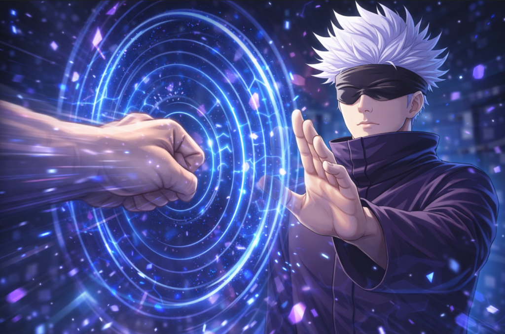 white haired sorcerer stopping enemy attack with invisible infinity barrier