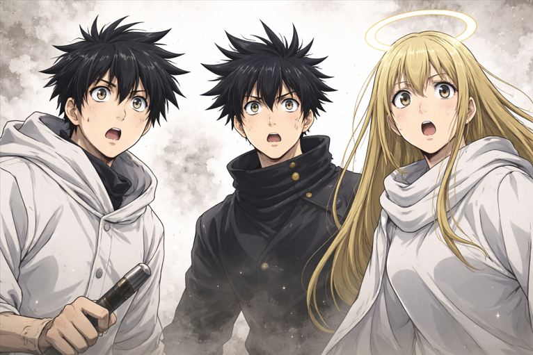 Anime-style illustration of three young sorcerers reacting in shock, with muted background and soft lighting, characters highlighted in color