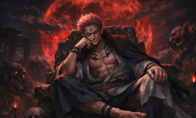 Dark anime-style villain seated on a stone throne under a glowing blood moon, wearing a sinister grin, surrounded by shadows and skulls