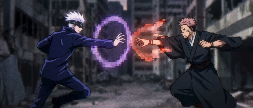A digital 3D illustration of two powerful anime sorcerers clashing in a ruined city, one using purple spatial energy and the other red slashing energy.