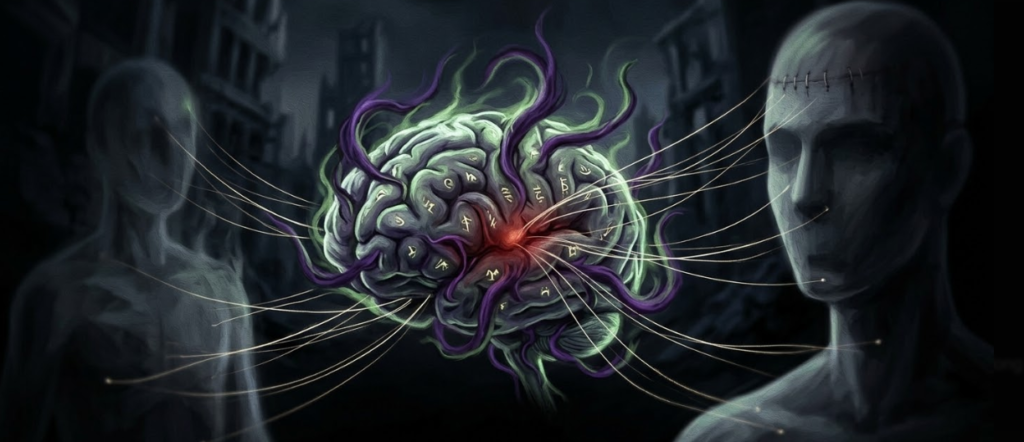 Dark conceptual art showing a glowing human brain surrounded by metaphysical energy, symbolizing a cursed spirit transfer technique