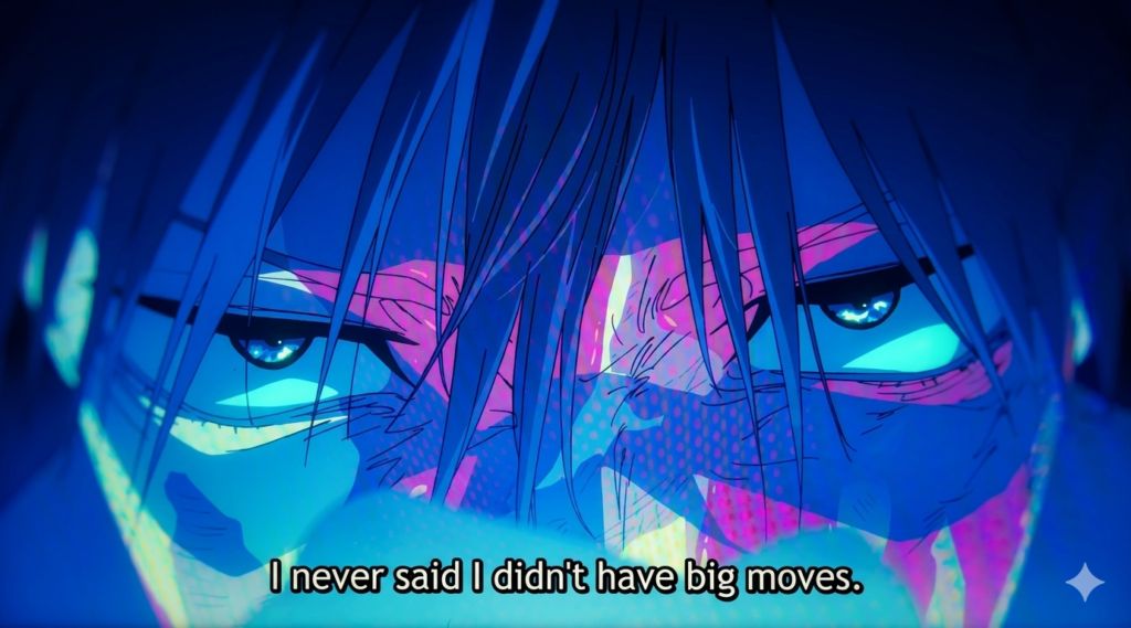 A high-definition, professional digital close-up portrait of the character shown in image_3.png (resembling Megumi Fushiguro), accurately reproducing the specific neon-blue and magenta textured light effect. The perspective is an intense, direct gaze looking straight forward, maintaining the exact expression and features from image_3.png, but rendered with enhanced clarity, detail, and resolution. The complex pattern of purple and orange dots and pixelated textures overlaying the skin and hair is sharp and precise, free from screen artifacts, camera glare, or reflections. Every strand of messy dark hair is clear, and the cyan light reflecting in the pupils is distinct. The background is a clean, dark blue gradient. The minor injuries on the nose are defined. This image is a clean, noise-free, and high-fidelity source file, optimized for professional use