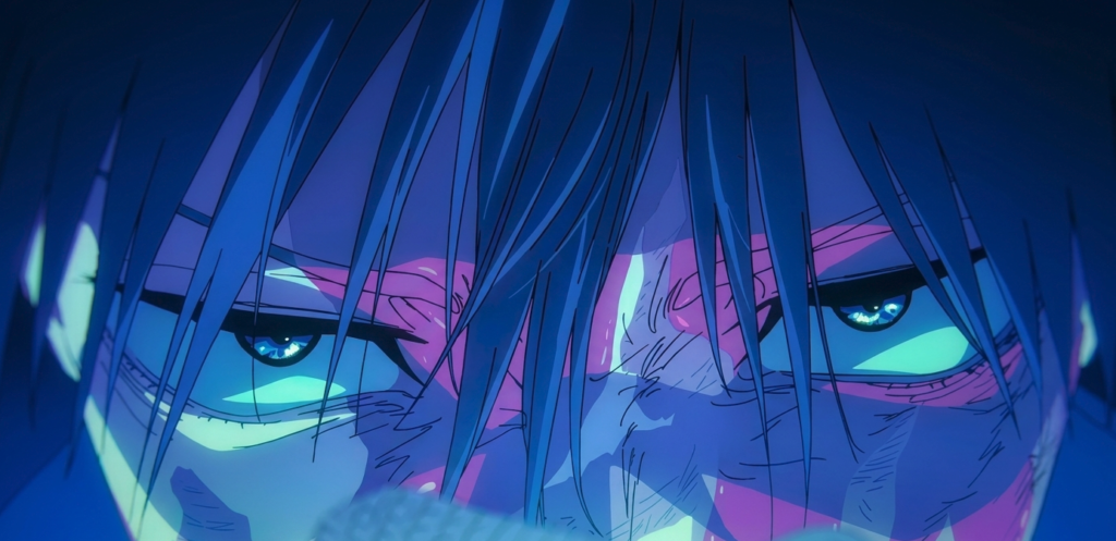 Megumi's eyes are filled with determination in a dramatic close-up from Jujutsu Kaisen.