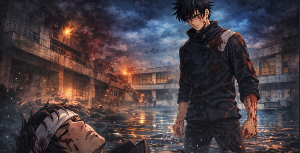 Injured shadow sorcerer standing in a flooded arena after defeating a fallen opponent during a dark fantasy supernatural battle.