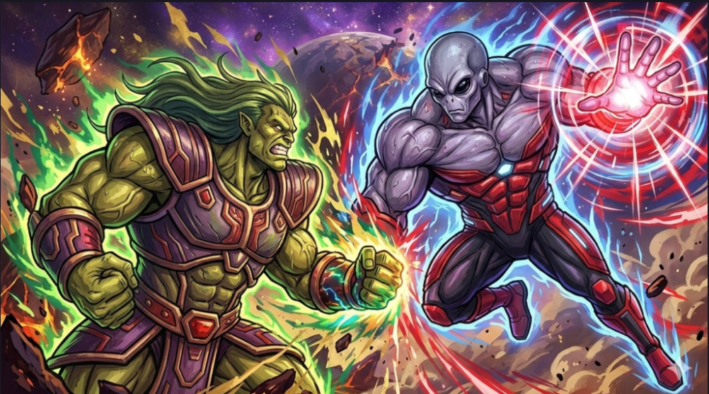 two extremely muscular warriors facing each other before an intense battle