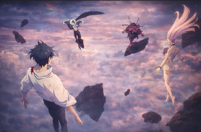 Anime characters floating mid-air above clouds preparing for a confrontation