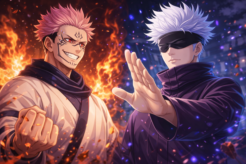 two powerful sorcerers facing each other in an intense anime-style battle