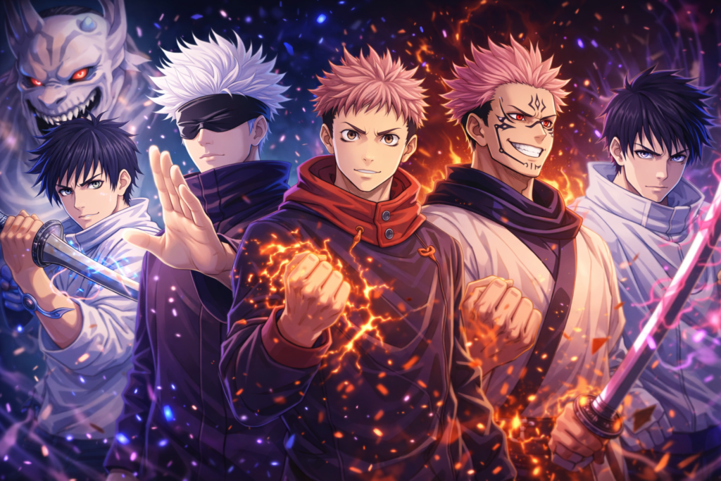 multiple powerful jujutsu sorcerers and cursed beings in an anime-style battle lineup