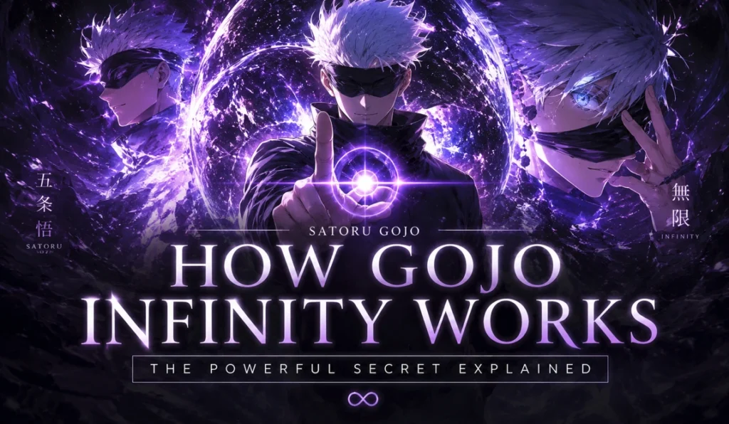 How Gojo Infinity Works illustrated through a powerful anime-inspired sorcerer surrounded by surreal purple energy, spatial distortion, and limitless force, explaining the mysterious defensive ability in a cinematic fantasy-style visual.