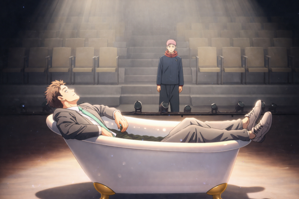 higuruma confronting a young sorcerer before a tense courtroom-style standoff