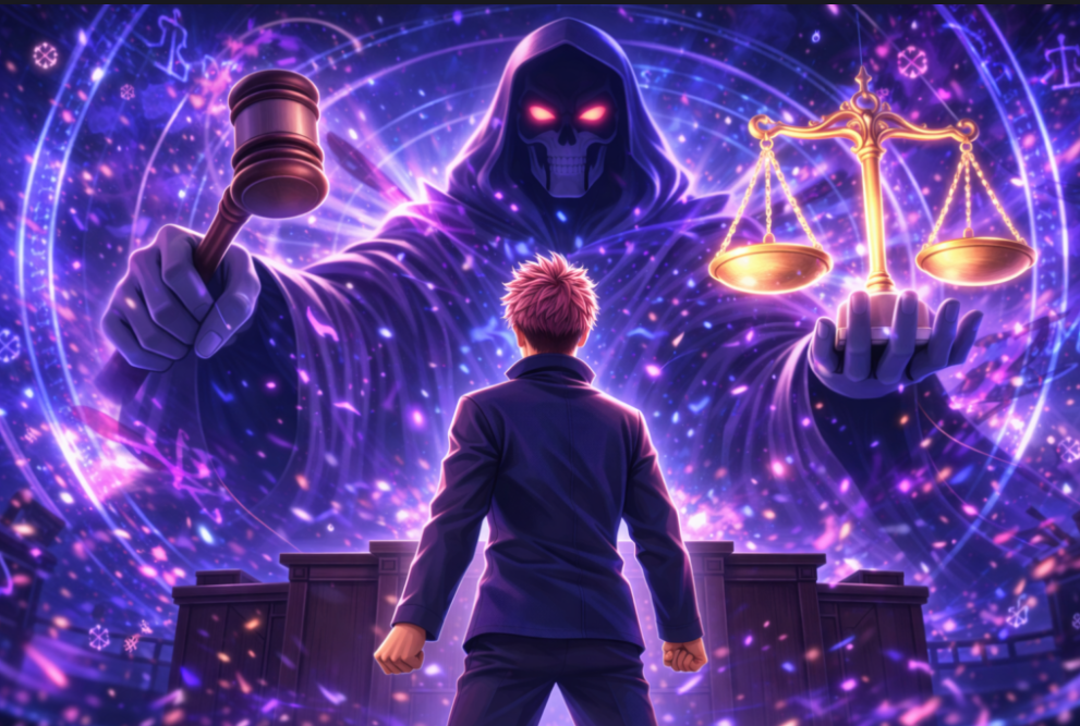 young sorcerer standing before a mystical judge spirit in a courtroom domain