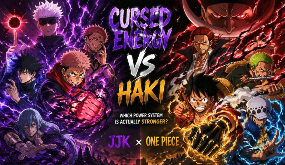 Haki vs Cursed Energy inspired anime crossover showing cursed energy users battling haki fighters in a dramatic power clash