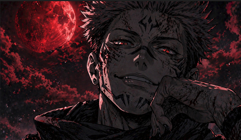 Close-up dark anime portrait of a cursed king with glowing eyes and markings under a red moon with a sinister smile