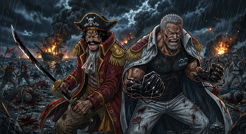 Anime-style scene of a pirate captain and a marine warrior fighting together on a burning battlefield with ships and soldiers in the background