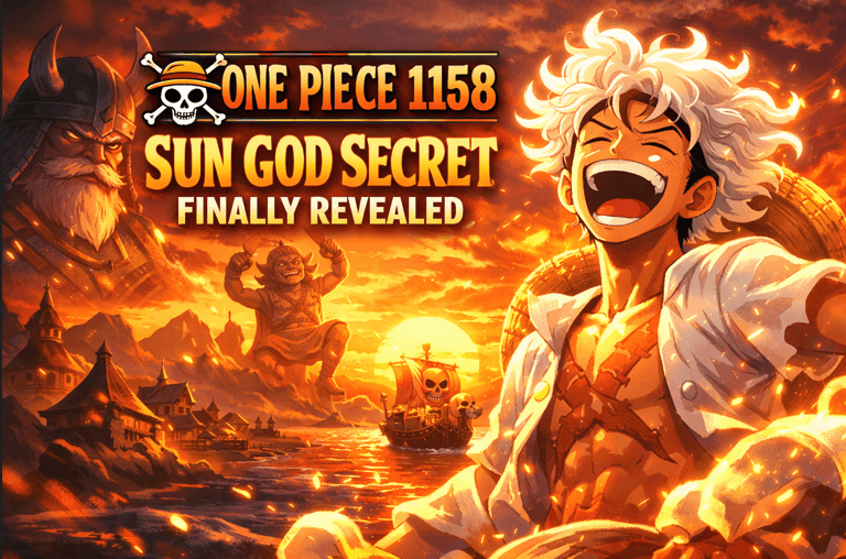 Anime-style illustration of a smiling pirate figure with glowing hair at sunset, surrounded by giant warriors, a ship, and a mythical sun deity in a warm neon-lit scene.